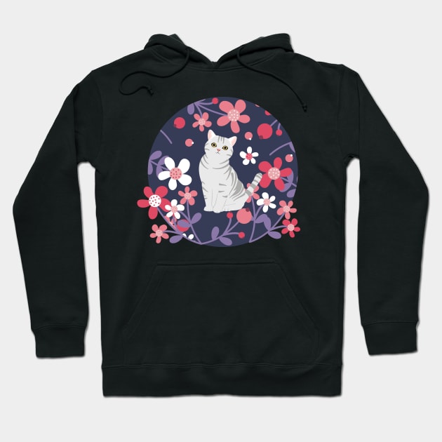 American Shorthair Cat and Flowers - Purple Hoodie by LulululuPainting